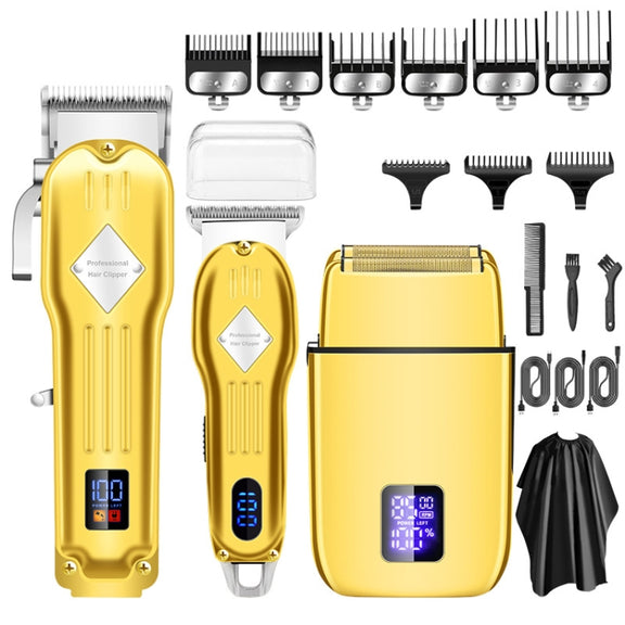 3pcs /Set Men Home Hair Salon High-power Hair Clipper(Gold)