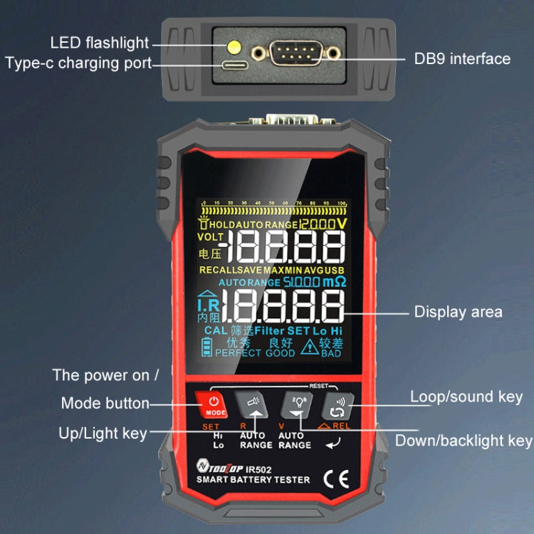Battery Internal Resistance Tester Lead-Acid Alkaline Lithium Battery Tester, Model: IR500