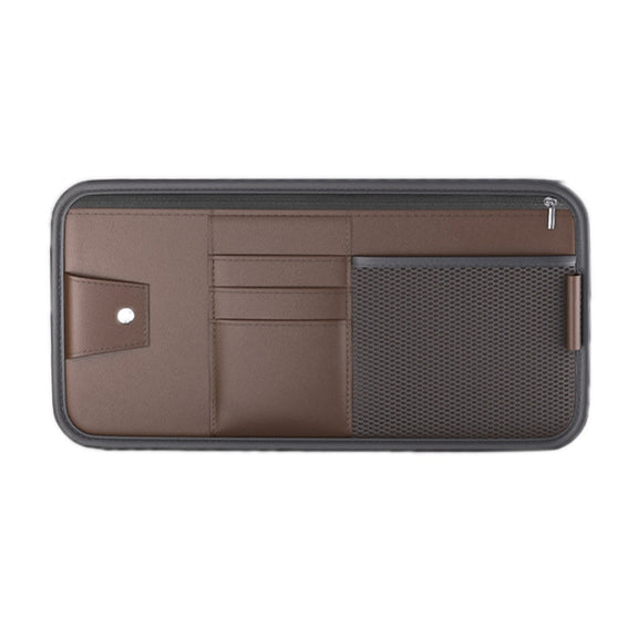 Car Sun Visor Card Glasses Holder Zipper Storage Bag(Brown)