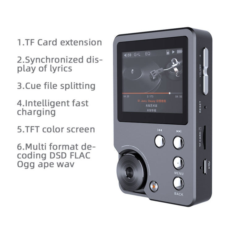With 64GB TF Card HIFI Lossless DSD256 Music Player Sports MP3(Silver Gray)