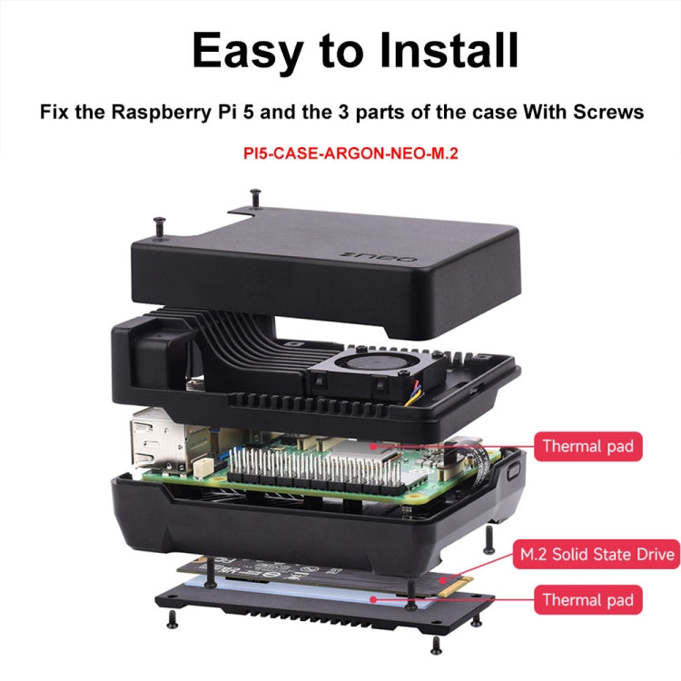 Waveshare 26587 For Raspberry Pi 5 Argon Neo Aluminum Alloy Case, Spec: M.2 Upgraded