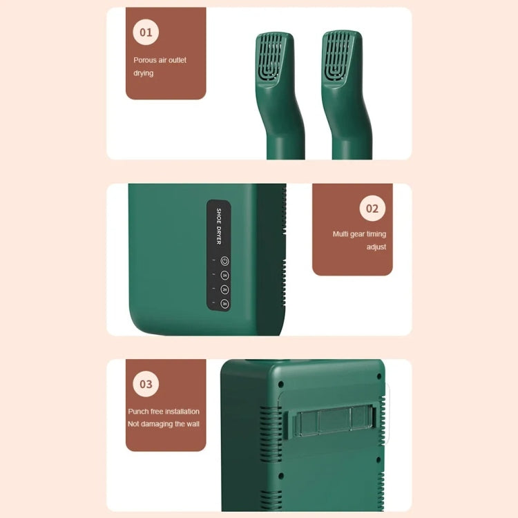 140W Boot Dryer Wall Mounted Shoes Warmer Heater, 3 Gear Timing, 360 Degree Rotating Air Outlet US Plug(Green)