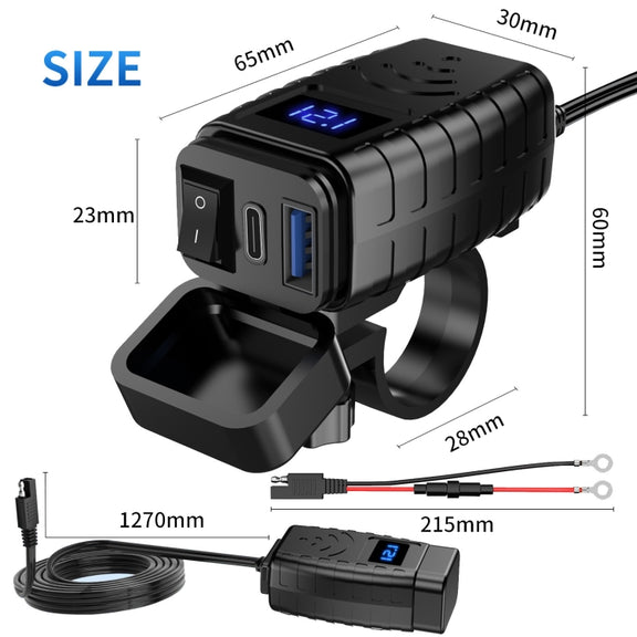 PD3.0 Motorcycle USB Mobile Phone Charger Digital Voltage Meter with Switch(Green Screen)