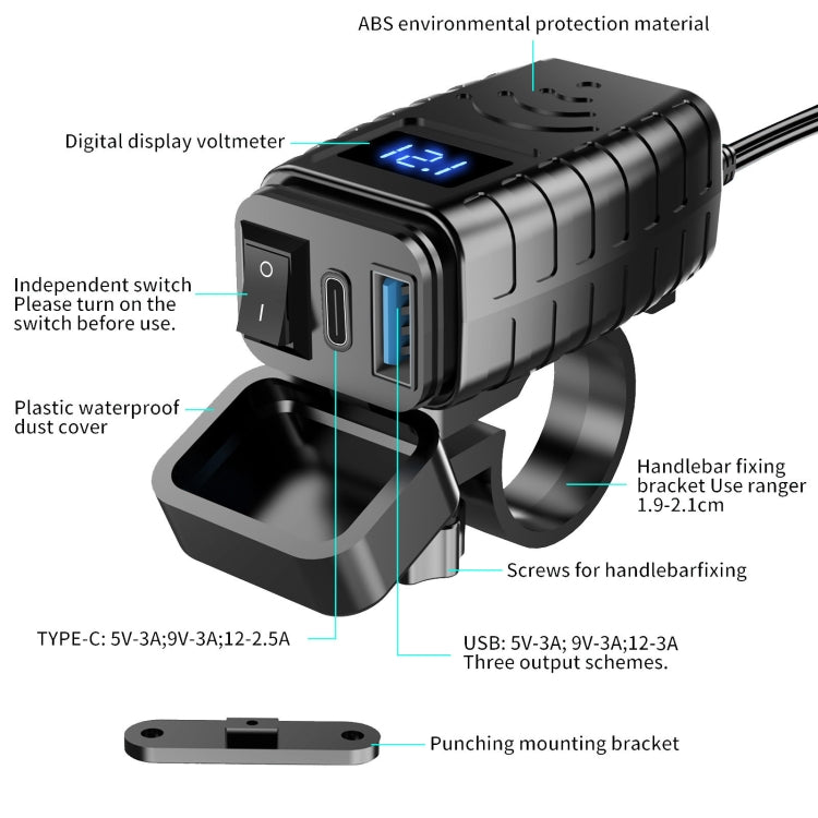 PD3.0 Motorcycle USB Mobile Phone Charger Digital Voltage Meter with Switch(Blue Screen)