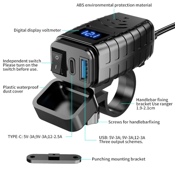 PD3.0 Motorcycle USB Mobile Phone Charger Digital Voltage Meter with Switch(Green Screen)