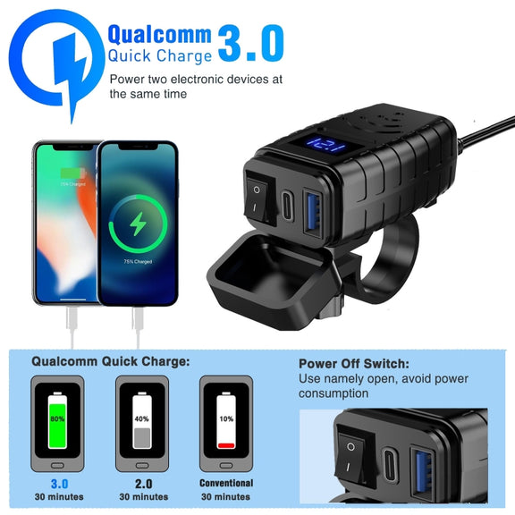PD3.0 Motorcycle USB Mobile Phone Charger Digital Voltage Meter with Switch(Green Screen)