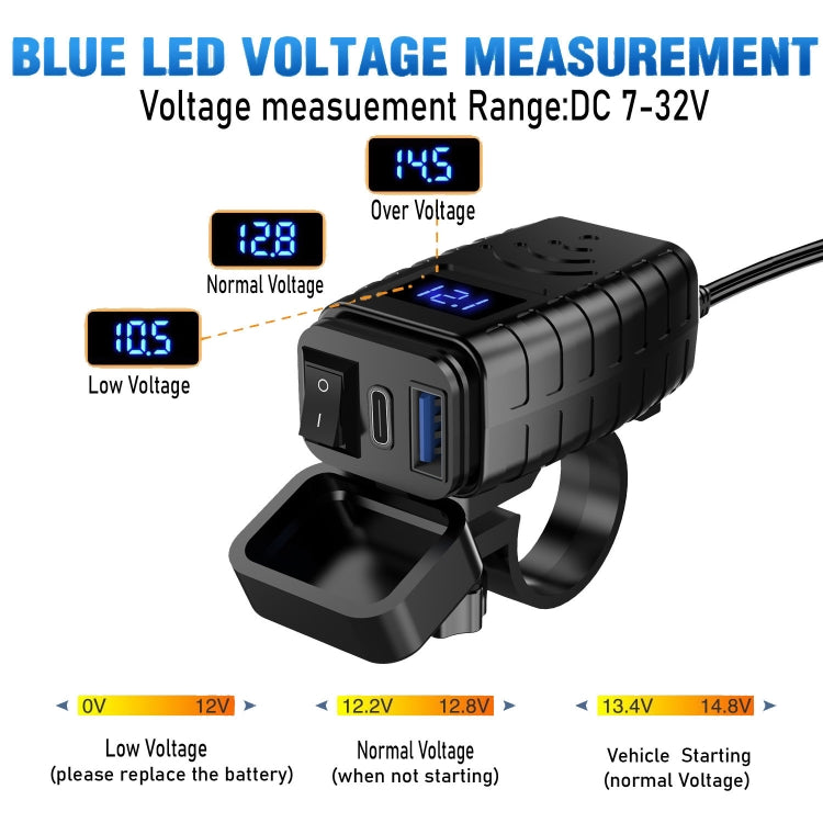 PD3.0 Motorcycle USB Mobile Phone Charger Digital Voltage Meter with Switch(Green Screen)
