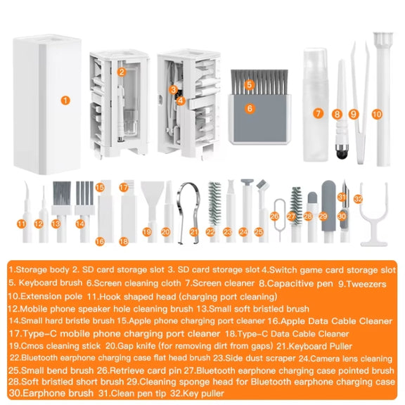 32-in-1 Digital Product Universal Cleaning Kit Can Store SD Card / SIM Card / Game Card