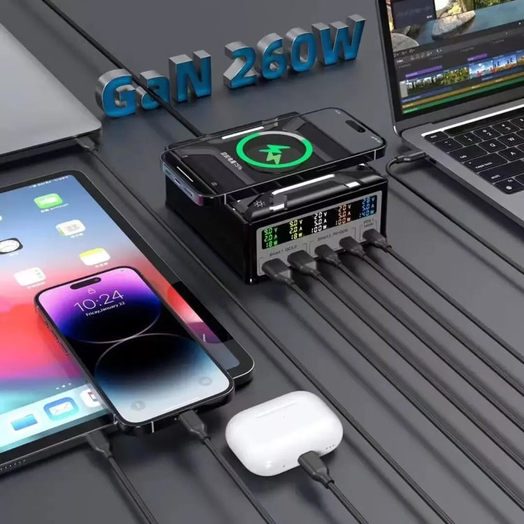 868D 6-In-1 260W High-Power Type-C+USB Multi Ports Charger Supports QI Wireless Charging(UK Plug)