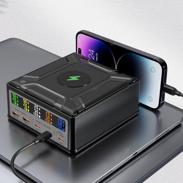 868D 6-In-1 260W High-Power Type-C+USB Multi Ports Charger Supports QI Wireless Charging(UK Plug)