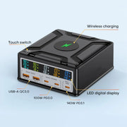 868D 6-In-1 260W High-Power Type-C+USB Multi Ports Charger Supports QI Wireless Charging(UK Plug)