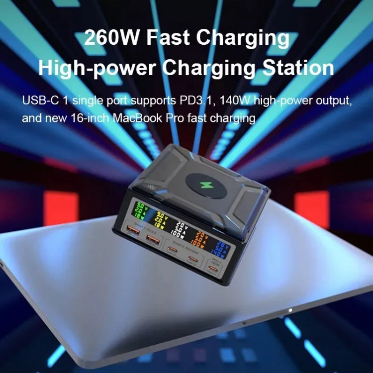 868D 6-In-1 260W High-Power Type-C+USB Multi Ports Charger Supports QI Wireless Charging(AU Plug)