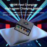868D 6-In-1 260W High-Power Type-C+USB Multi Ports Charger Supports QI Wireless Charging(UK Plug)