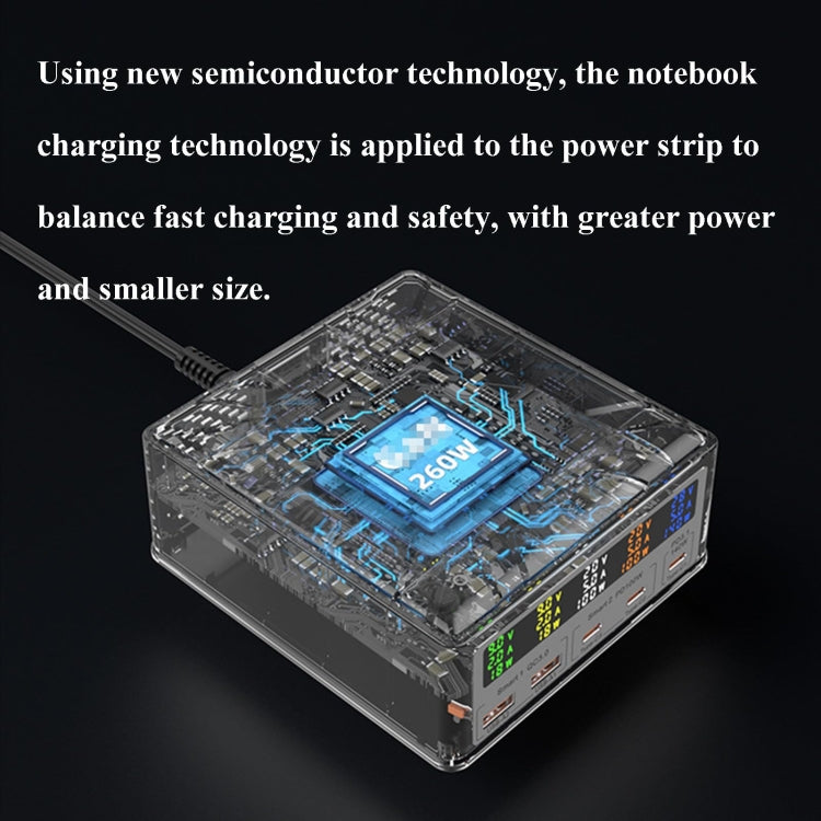 868D 6-In-1 260W High-Power Type-C+USB Multi Ports Charger Supports QI Wireless Charging(EU Plug)