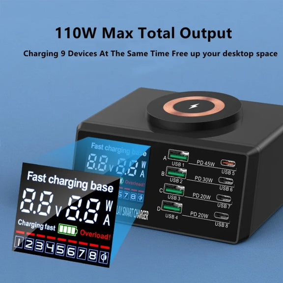X9M 9-in-1 110W USB+PD Smart Multi-ports QI Magnetic Wireless Charger, Spec: White EU Plug