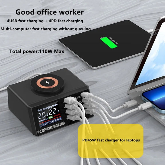 X9M 9-in-1 110W USB+PD Smart Multi-ports QI Magnetic Wireless Charger, Spec: White EU Plug