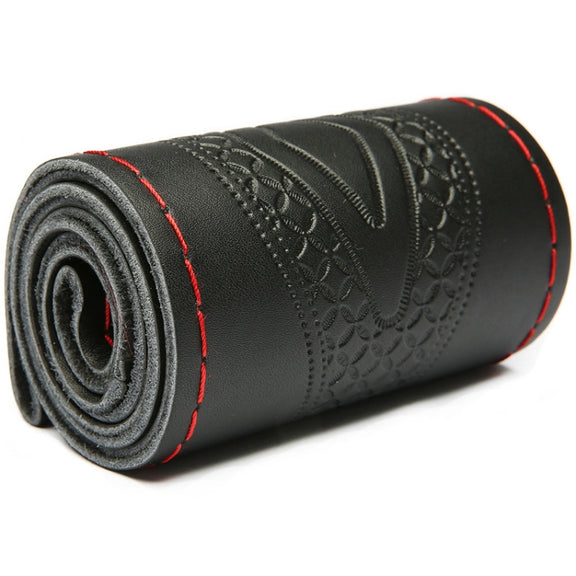 38cm Four-Season Embossed Hand-Sewn Cowhide Steering Wheel Cover(Black+Red Line)