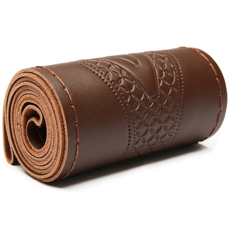 38cm Four-Season Embossed Hand-Sewn Cowhide Steering Wheel Cover(Coffee)