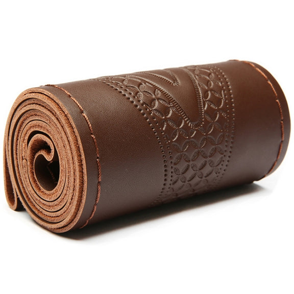 38cm Four-Season Embossed Hand-Sewn Cowhide Steering Wheel Cover(Coffee)