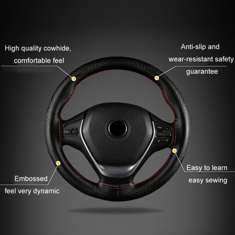 38cm Four-Season Embossed Hand-Sewn Cowhide Steering Wheel Cover(Wine Red)