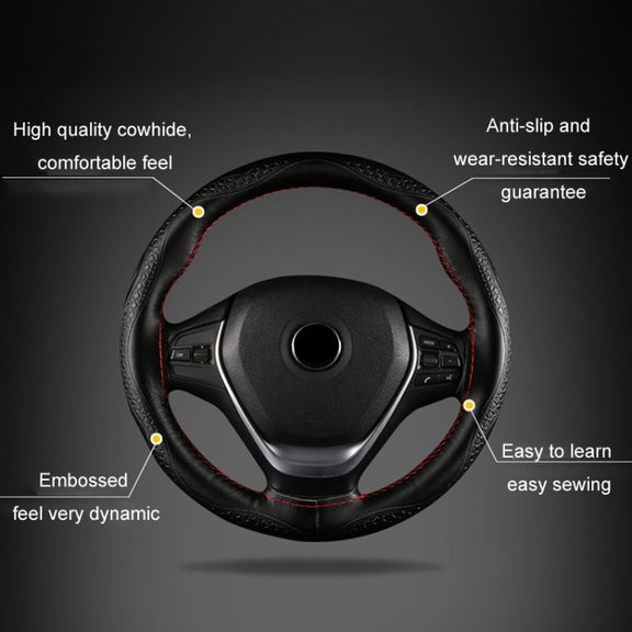 38cm Four-Season Embossed Hand-Sewn Cowhide Steering Wheel Cover(Wine Red)
