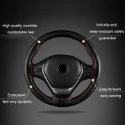 38cm Four-Season Embossed Hand-Sewn Cowhide Steering Wheel Cover(Black+Black Line)
