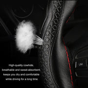 38cm Four-Season Embossed Hand-Sewn Cowhide Steering Wheel Cover(Wine Red)