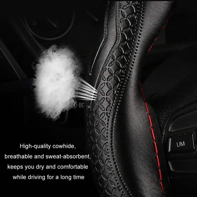 38cm Four-Season Embossed Hand-Sewn Cowhide Steering Wheel Cover(Coffee)