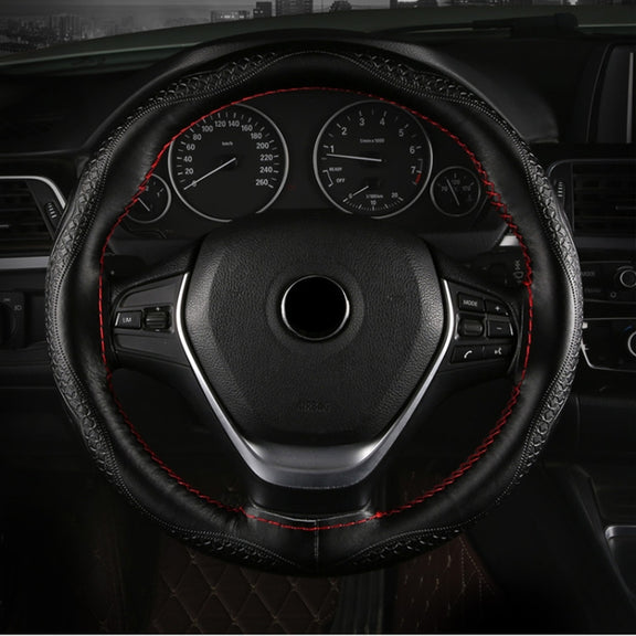 38cm Four-Season Embossed Hand-Sewn Cowhide Steering Wheel Cover(Wine Red)
