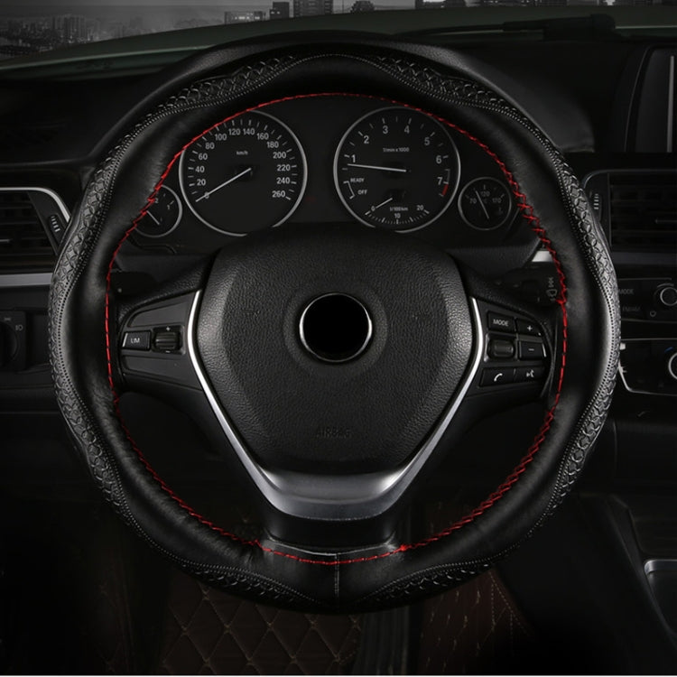 38cm Four-Season Embossed Hand-Sewn Cowhide Steering Wheel Cover(Wine Red)