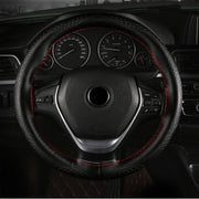 38cm Four-Season Embossed Hand-Sewn Cowhide Steering Wheel Cover(Black+Red Line)