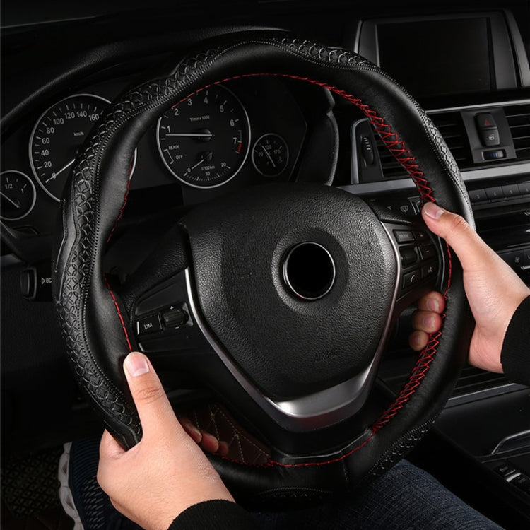 38cm Four-Season Embossed Hand-Sewn Cowhide Steering Wheel Cover(Wine Red)