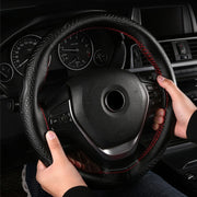 38cm Four-Season Embossed Hand-Sewn Cowhide Steering Wheel Cover(Wine Red)