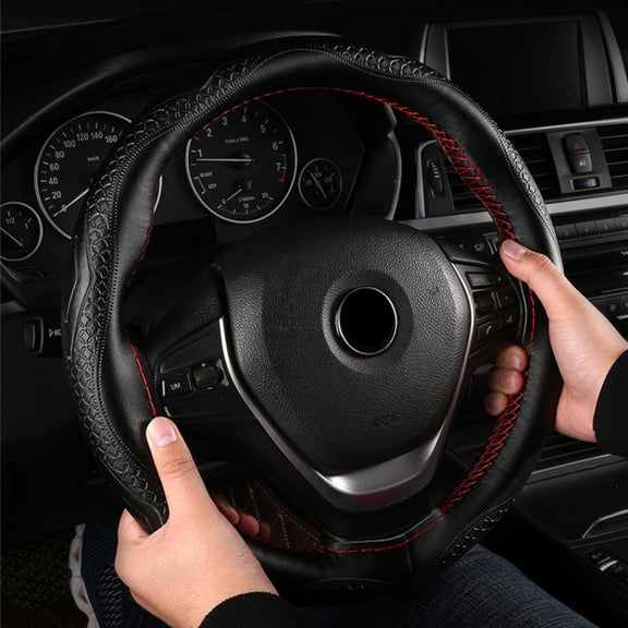38cm Four-Season Embossed Hand-Sewn Cowhide Steering Wheel Cover(Wine Red)