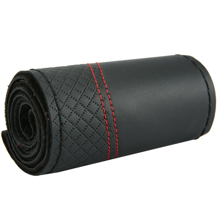 38cm Cowhide Embossed Hand-Stitched Double-Line Steering Wheel Cover(Black Red Line)