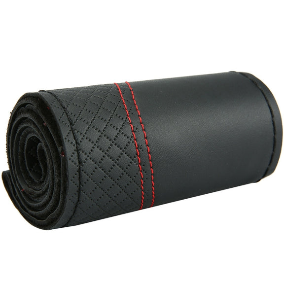 38cm Cowhide Embossed Hand-Stitched Double-Line Steering Wheel Cover(Black Red Line)