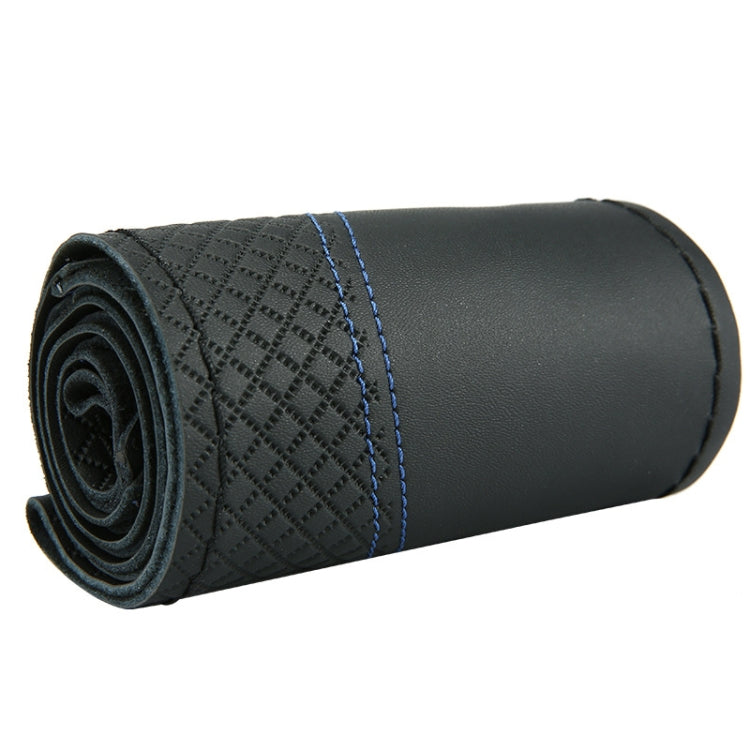 38cm Cowhide Embossed Hand-Stitched Double-Line Steering Wheel Cover(Black Blue Line)
