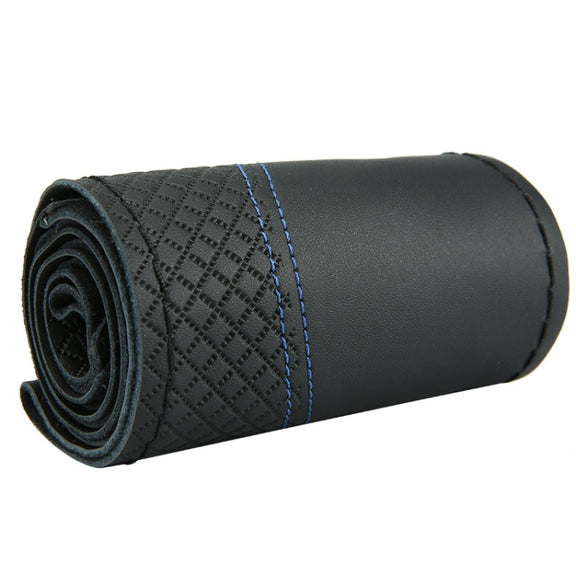38cm Cowhide Embossed Hand-Stitched Double-Line Steering Wheel Cover(Black Blue Line)