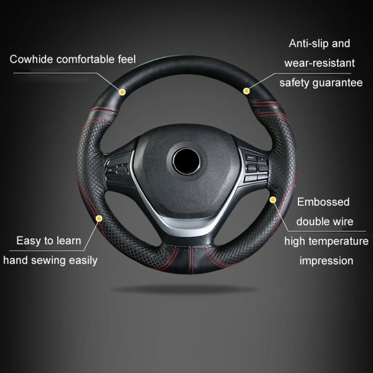 38cm Cowhide Embossed Hand-Stitched Double-Line Steering Wheel Cover(Black Orange Line)