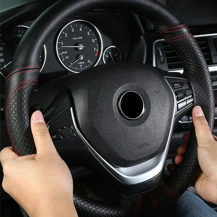 38cm Cowhide Embossed Hand-Stitched Double-Line Steering Wheel Cover(Black Orange Line)