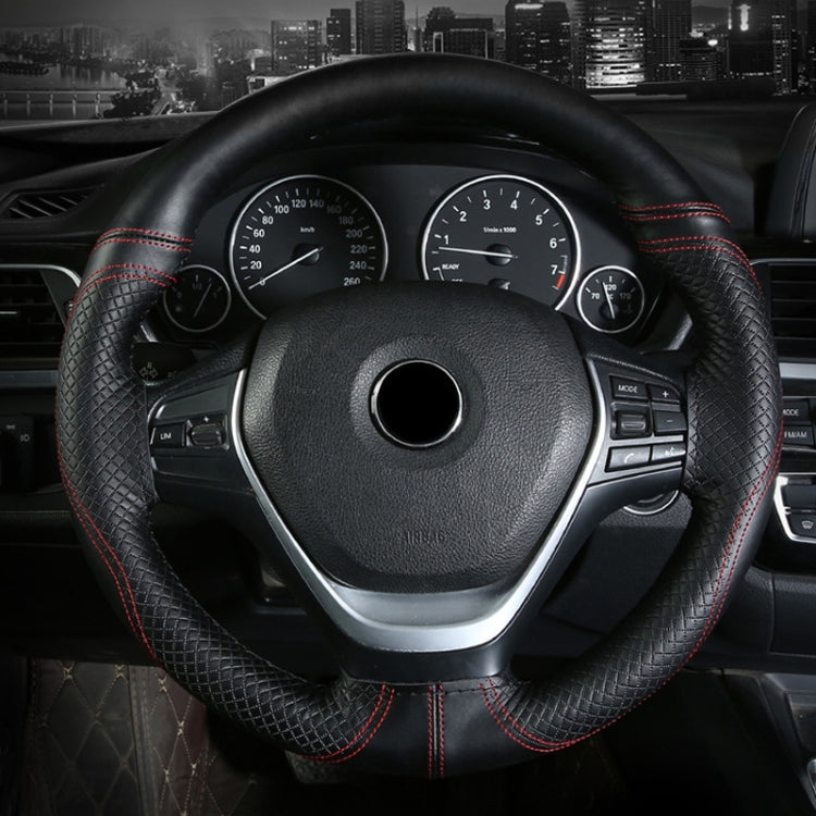 38cm Cowhide Embossed Hand-Stitched Double-Line Steering Wheel Cover(Black Orange Line)