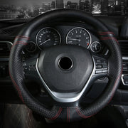 38cm Cowhide Embossed Hand-Stitched Double-Line Steering Wheel Cover(Black Orange Line)