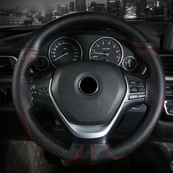 38cm Cowhide Embossed Hand-Stitched Double-Line Steering Wheel Cover(Black Orange Line)