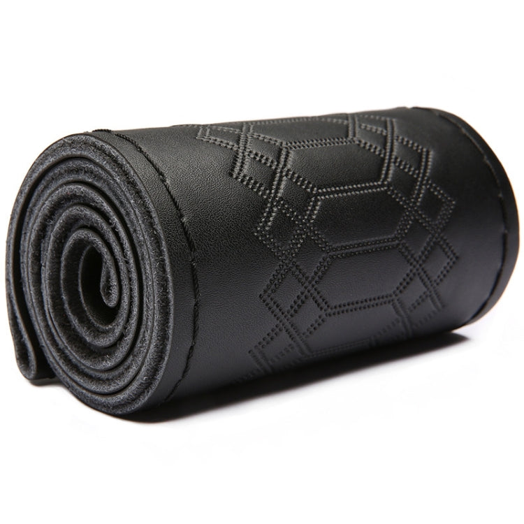 38cm Four-season Embossed Hand-sewn Cowhide Steering Wheel Cover(Black+Black Line)