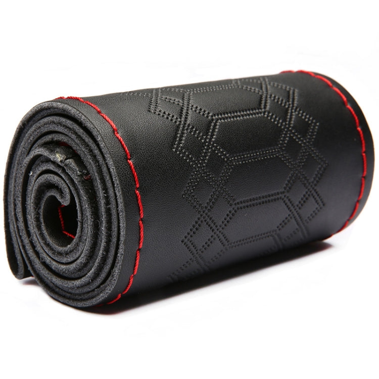 38cm Four-season Embossed Hand-sewn Cowhide Steering Wheel Cover(Black+Red Line)
