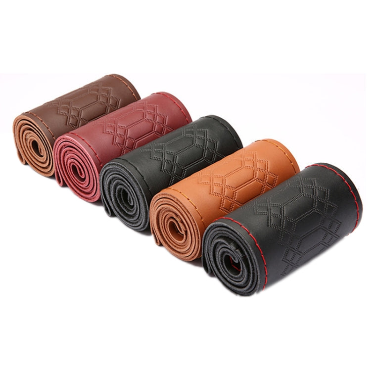 38cm Four-season Embossed Hand-sewn Cowhide Steering Wheel Cover(Black+Black Line)