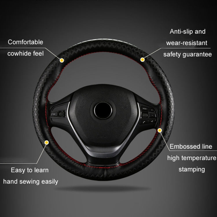 38cm Four-season Embossed Hand-sewn Cowhide Steering Wheel Cover(Black+Red Line)