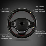 38cm Four-season Embossed Hand-sewn Cowhide Steering Wheel Cover(Coffee)