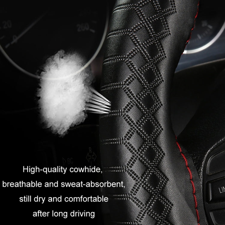 38cm Four-season Embossed Hand-sewn Cowhide Steering Wheel Cover(Black+Black Line)