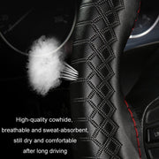 38cm Four-season Embossed Hand-sewn Cowhide Steering Wheel Cover(Black+Black Line)
